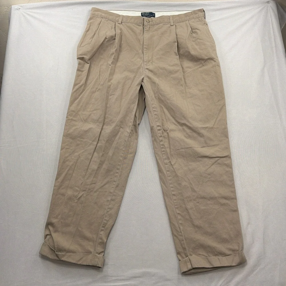 Vintage Polo Ralph Lauren Hammond Pant Pleated Cuffed Chino Khaki Tan Mens 42/30